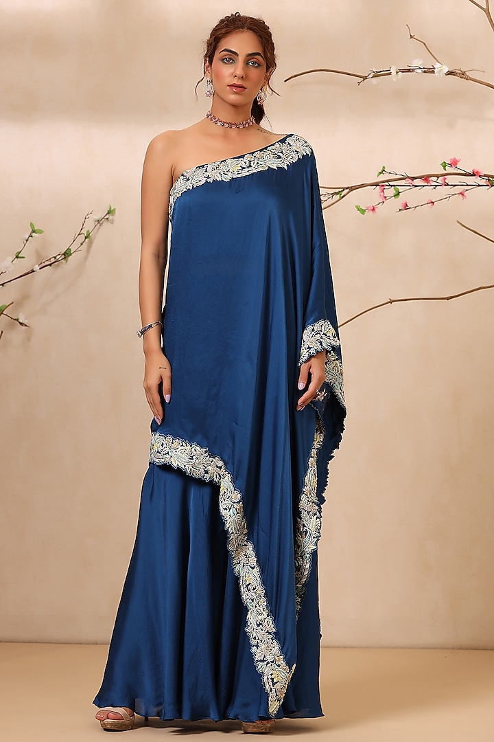 Midnight Blue Silk Sharara Set by Koashee By Shubhitaa