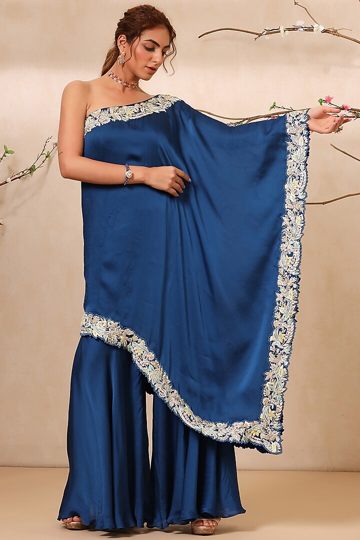 Midnight Blue Silk Wedding Sharara Set by Koashee By Shubhitaa at Pernia's Pop Up Shop