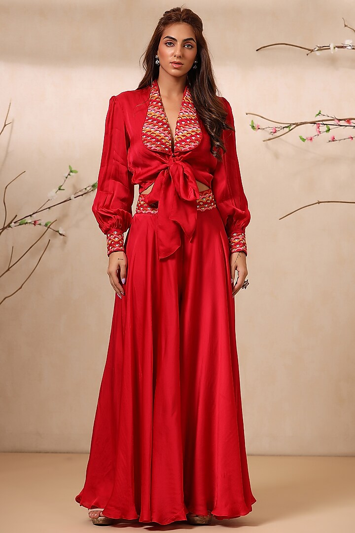 Rose Red Bemberg Silk Jumpsuit by Koashee By Shubhitaa