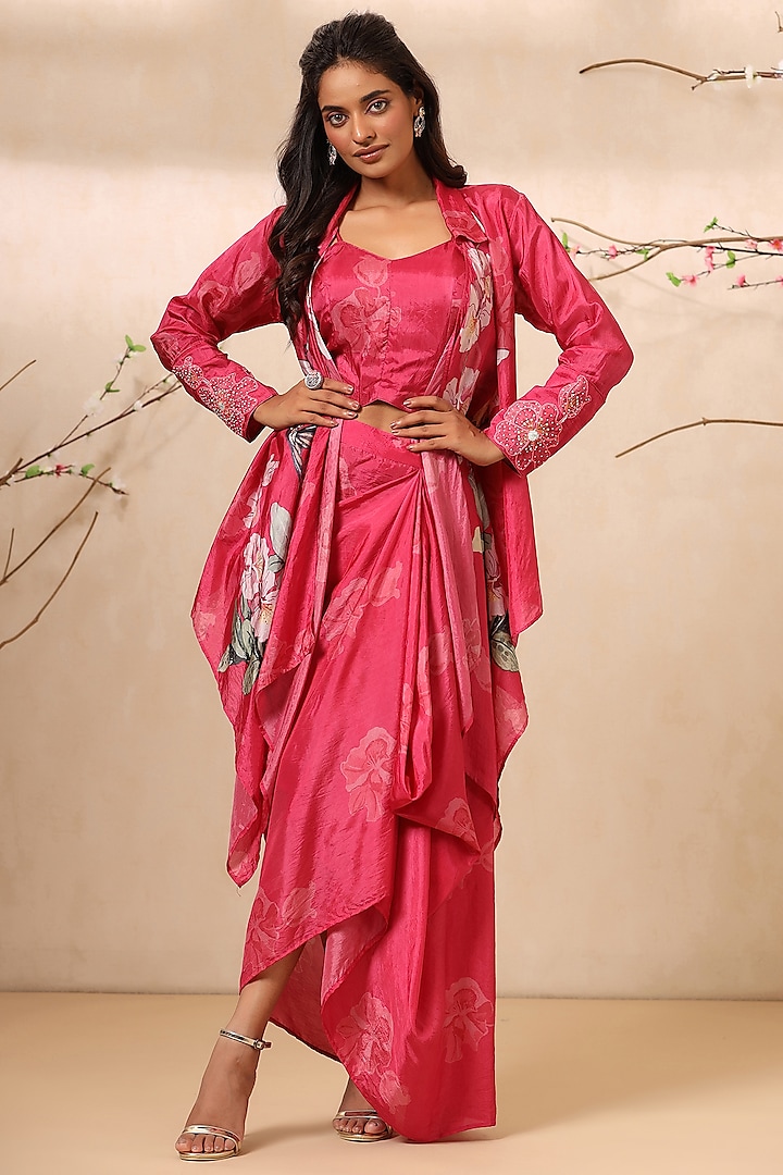 Pinkish Red Bemberg Silk Draped Skirt Set by Koashee By Shubhitaa