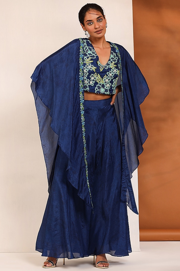 Indigo Blue Bemberg Silk Cape Set by Koashee By Shubhitaa
