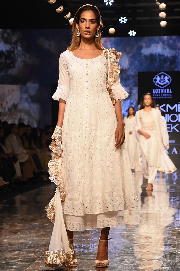 White Embroidered Choga With Pants & Dupatta by House of Kotwara