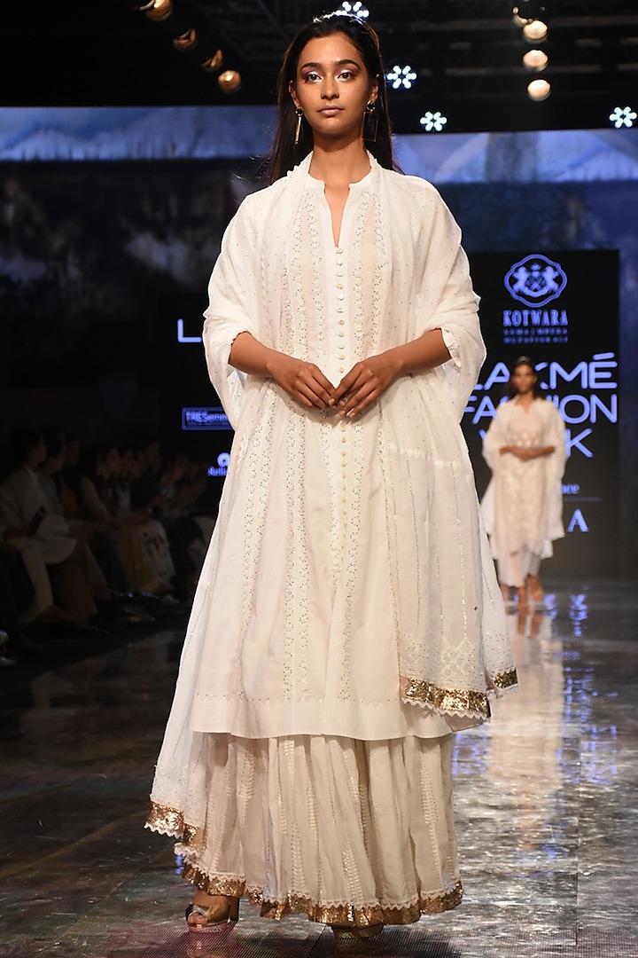 White Embroidered & Pleated Choga With Pants & Dupatta by House of Kotwara