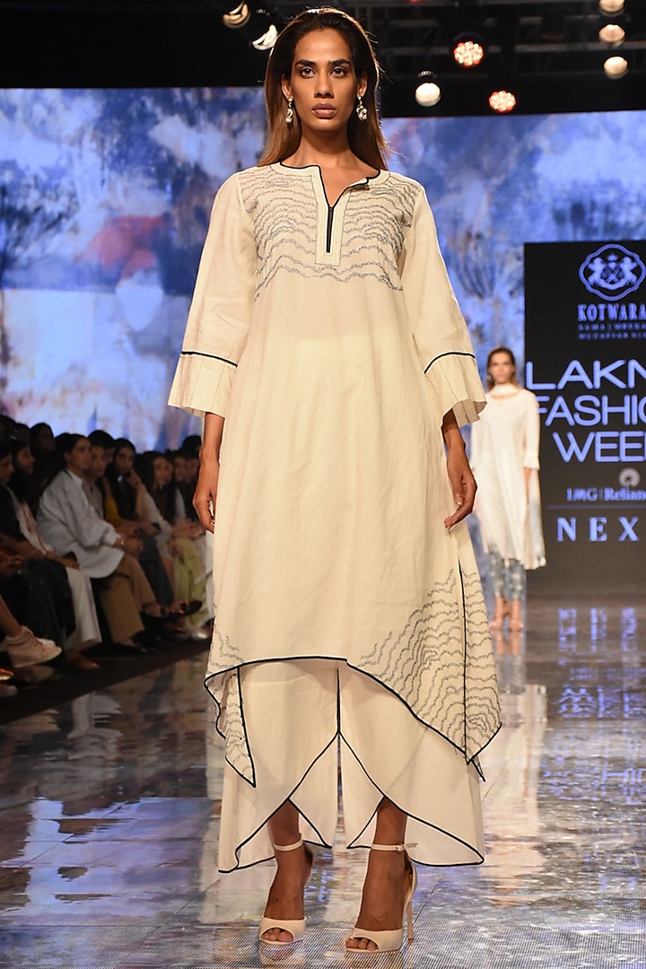 Ivory Asymmetric Embroidered Kurta With Overlapping Pants by House of Kotwara