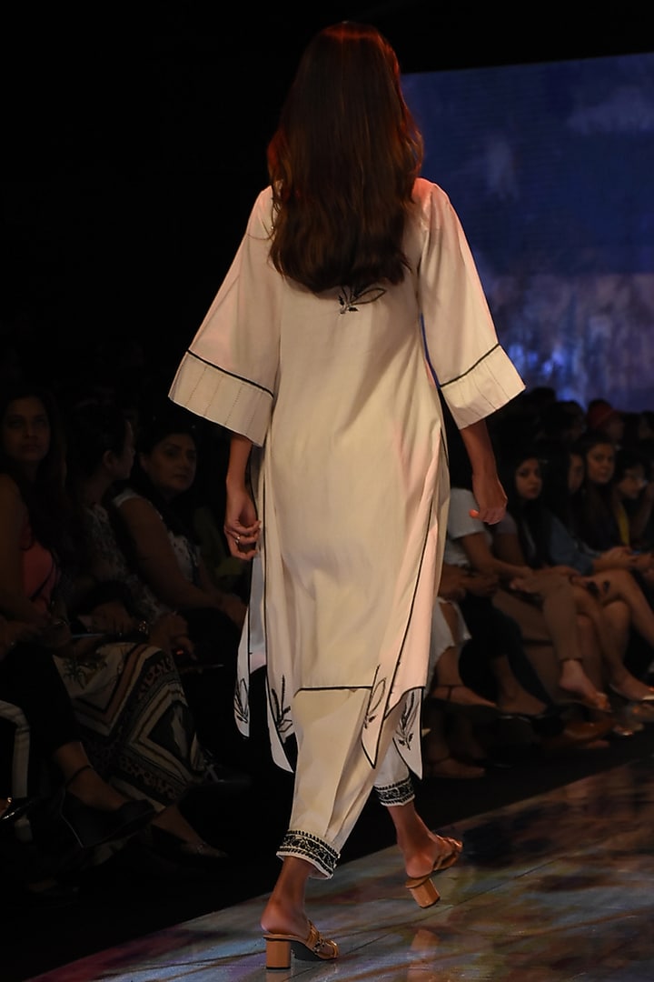 Ivory Applique Embroidered Kurta With Pants by House of Kotwara at Pernia's Pop Up Shop