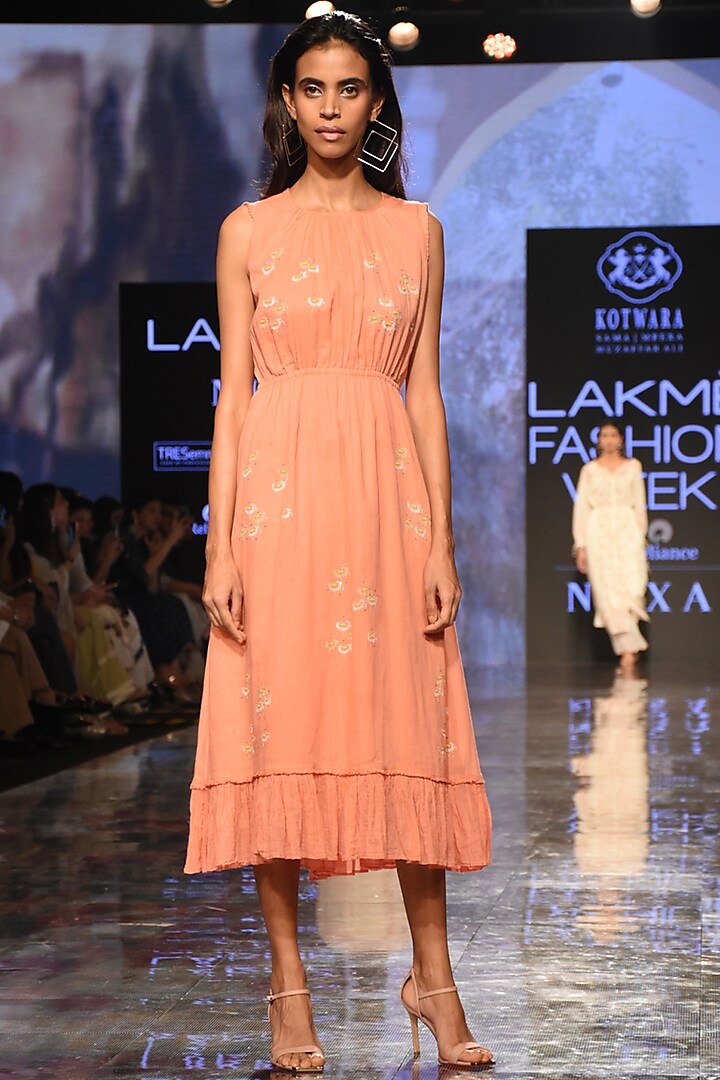 Coral Embroidered & Pleated Dress by House of Kotwara