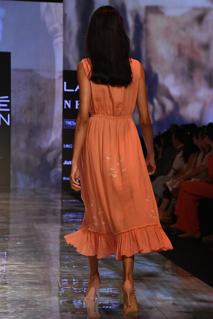 Coral Embroidered & Pleated Vacation Dress by House of Kotwara at Pernia's Pop Up Shop