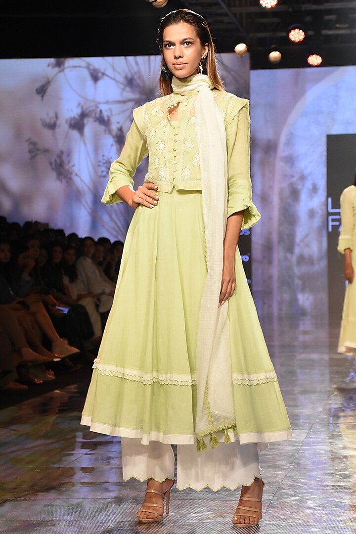 Green Anarkali Set With Embroidered Waistcoat by House of Kotwara