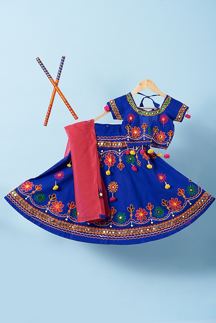 Peacock Blue Hand Embroidered Lehenga Set For Girls by Kotton Glitters- House of Cotton by Kshipra