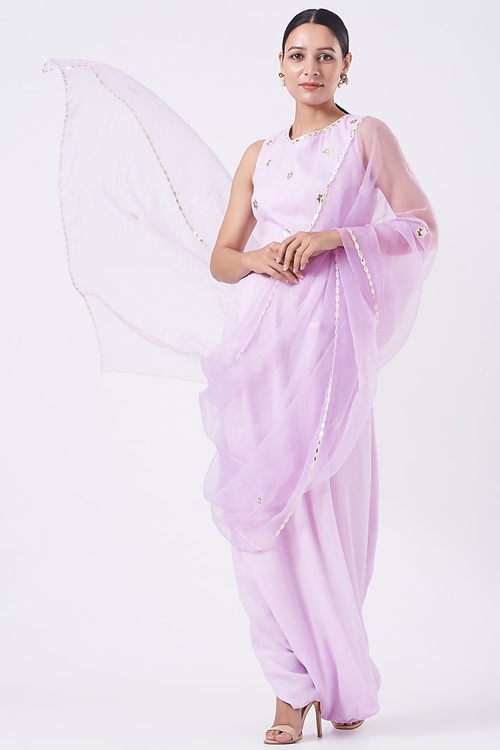 Pastel Lilac Embroidered Draped Saree Gown by Kovet