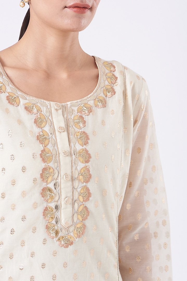White Banarasi Brocade Chanderi A-Line Kurta Set by Kovet at Pernia's Pop Up Shop