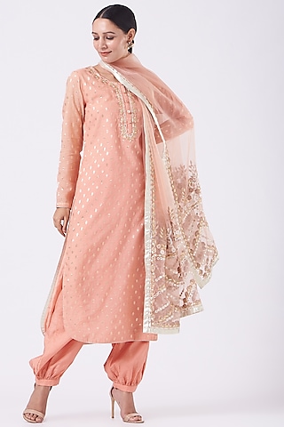 Peach Banarasi Brocade Chanderi Kurta Set by Kovet
