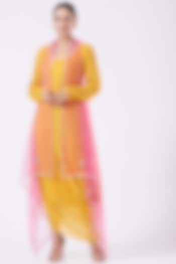 Yellow Embroidered Gown With Cape by Kovet