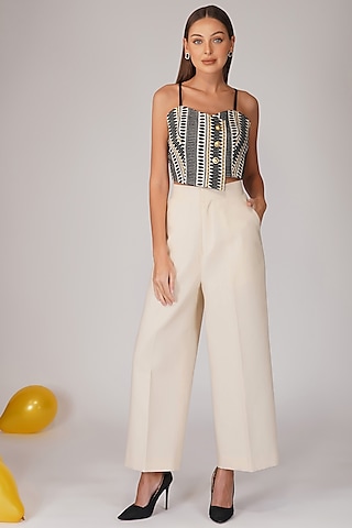 White Cotton Flex Pant Set by Kovet