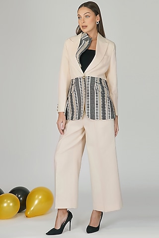 White & Black Woven Blazer Set by Kovet