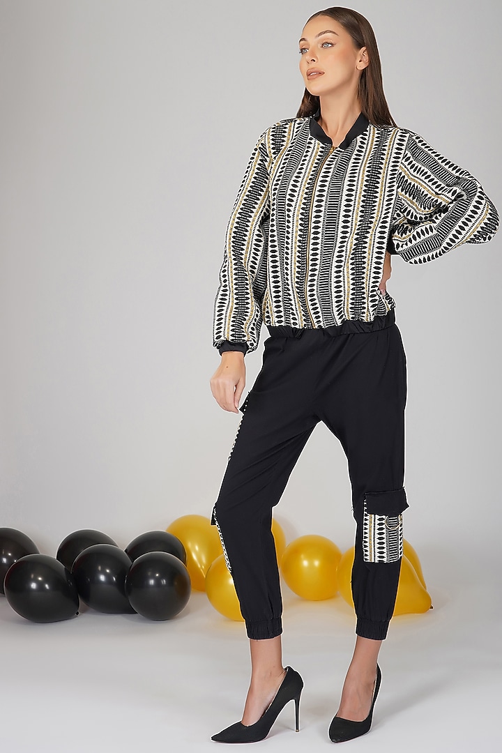 Black Handloom Bomber Jacket Set by Kovet at Pernia's Pop Up Shop