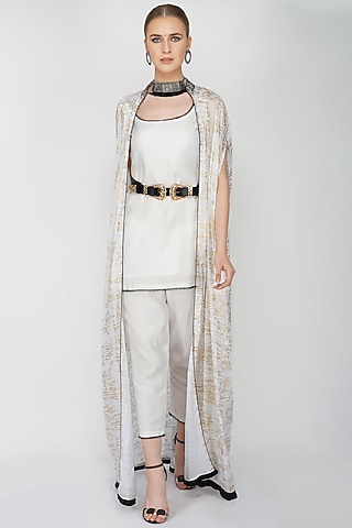 Off-White Mulmul Foil Printed Cape Set by Kovet