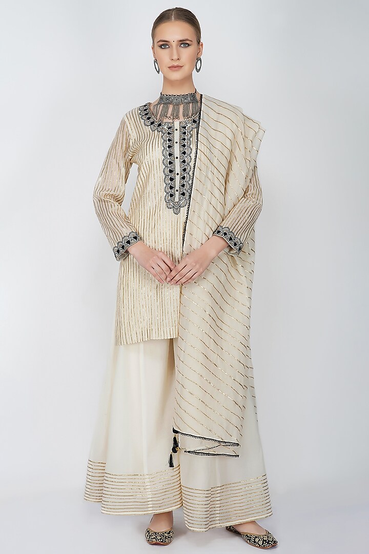 Off-White Cotton Embroidered Sharara Set by Kovet