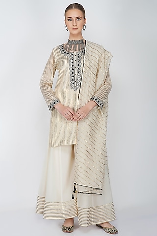 Off-White Cotton Embroidered Sharara Set by Kovet
