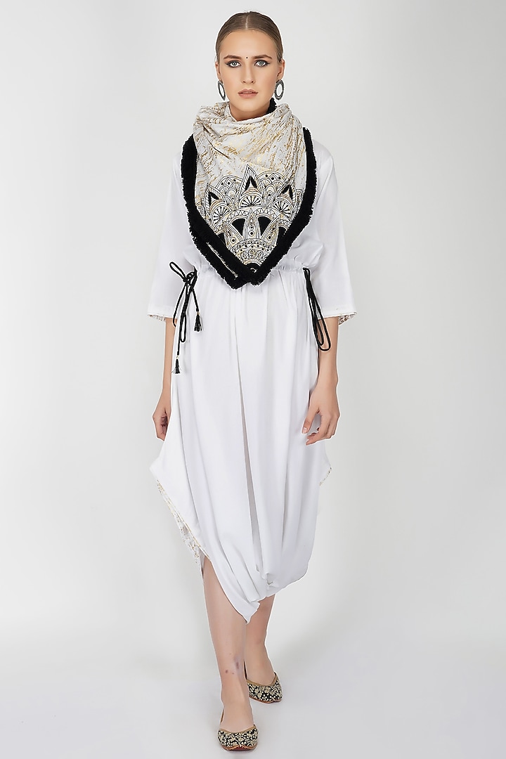 White Foil Printed Jumpsuit With Scarf by Kovet