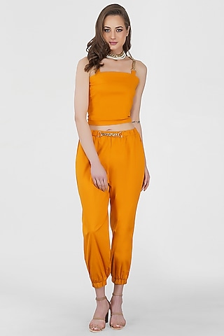 Mustard Gold Cotton Lycra Joggers by Kovet