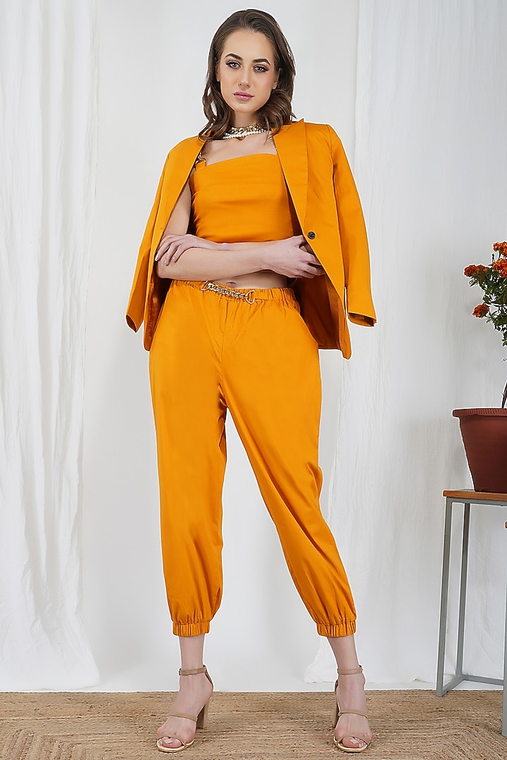 Mustard Gold Cotton Lycra Joggers by Kovet at Pernia's Pop Up Shop