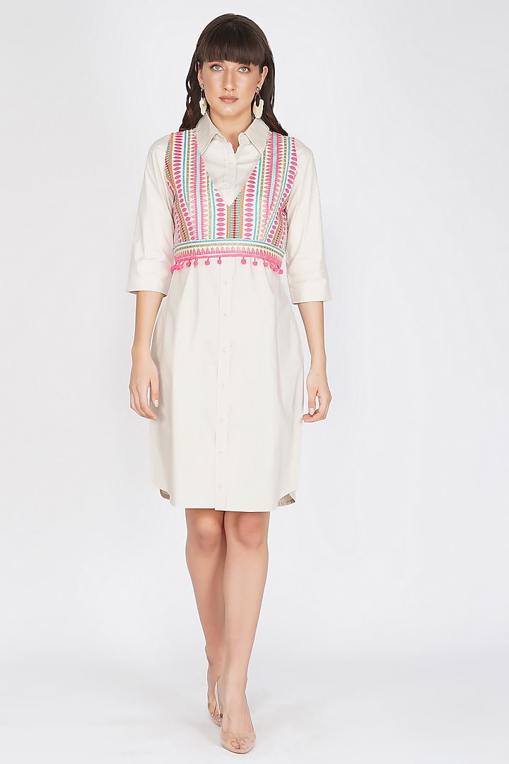 Beige Cotton Shirt Dress by Kovet