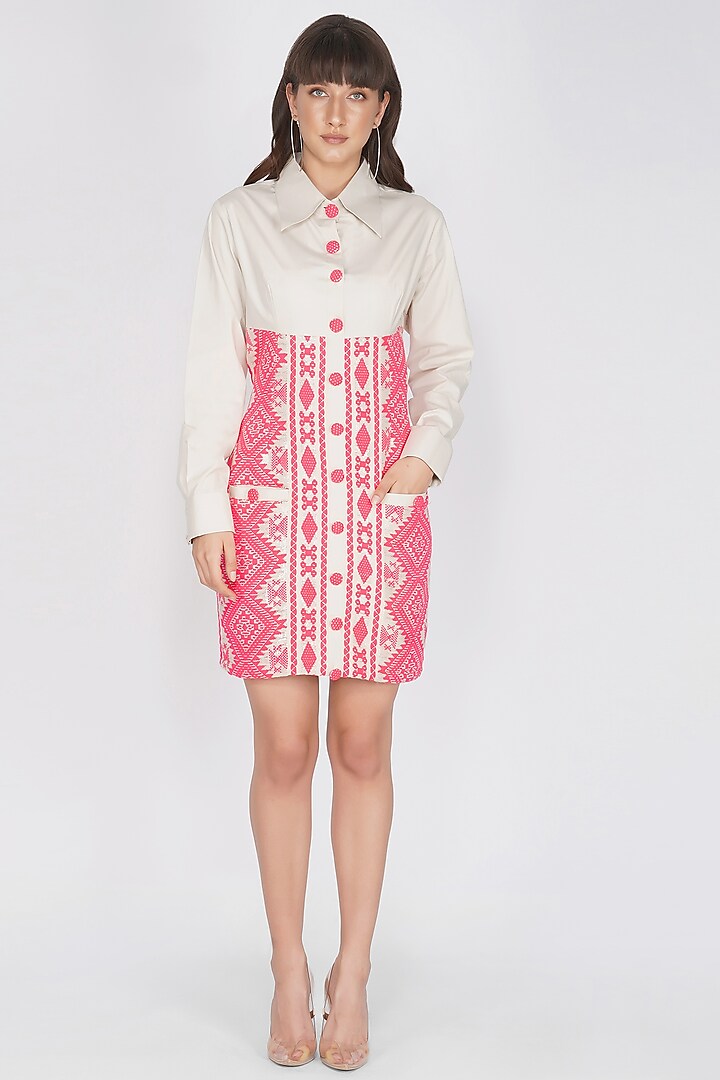 White & Neon Pink Cotton Linen Shirt Dress by Kovet