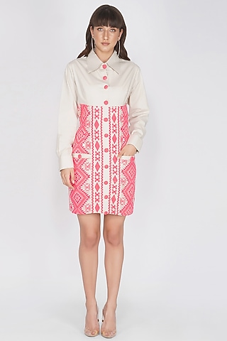 White & Neon Pink Cotton Linen Shirt Dress by Kovet
