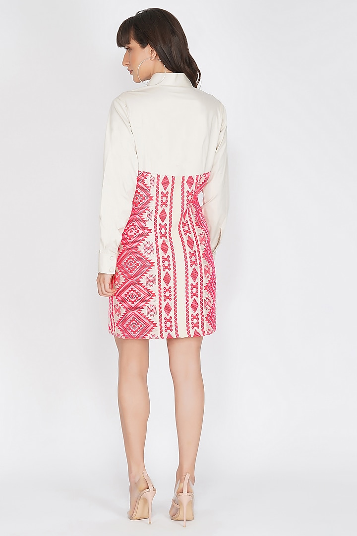 White & Neon Pink Cotton Linen Summer Shirt Dress by Kovet at Pernia's Pop Up Shop