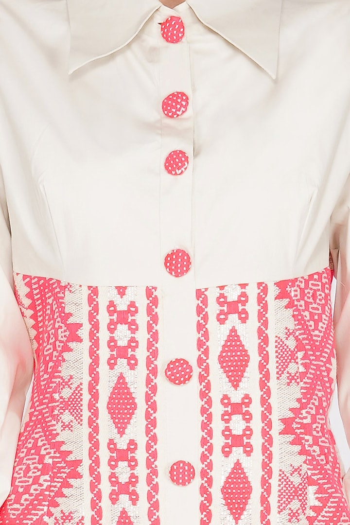 White & Neon Pink Cotton Linen Summer Shirt Dress by Kovet at Pernia's Pop Up Shop