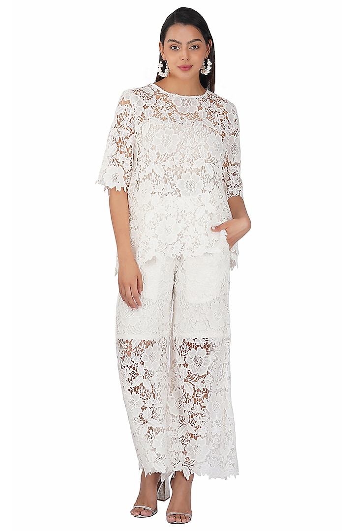 White Lace Sheer Flare Leg Trousers