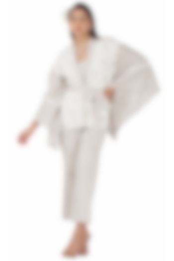 Beige & White Cotton Kimono Kaftan Set by Kovet at Pernia's Pop Up Shop