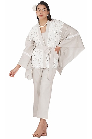 Beige & White Cotton Kimono Kaftan Set by Kovet