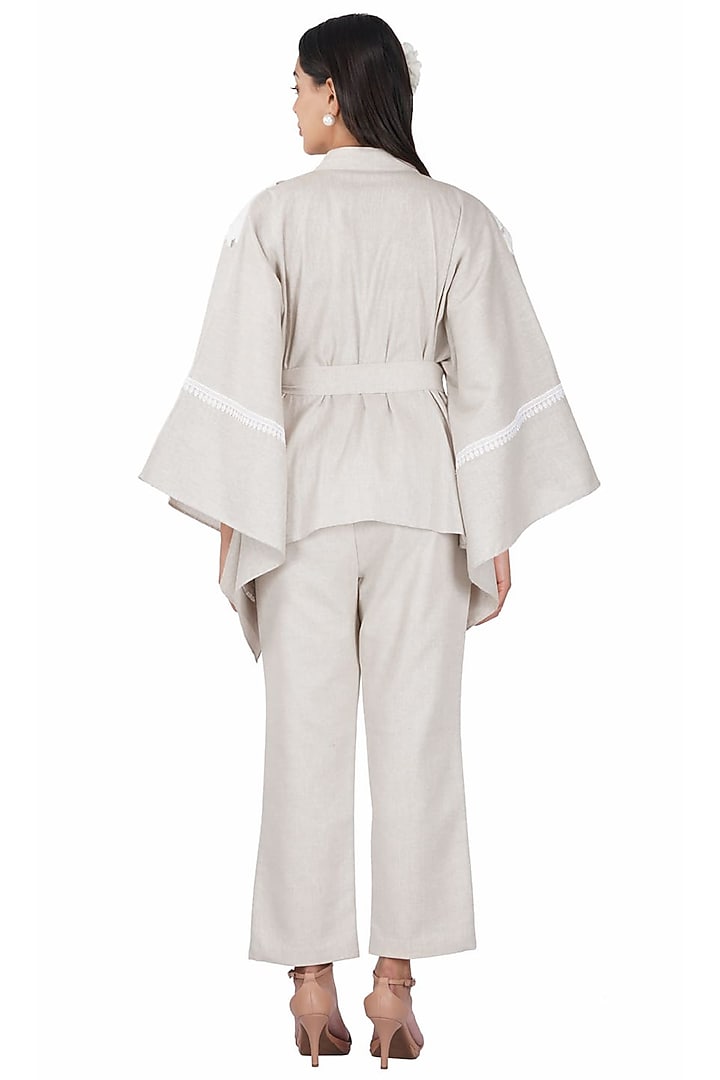 Beige & White Cotton Kimono Kaftan Set by Kovet at Pernia's Pop Up Shop