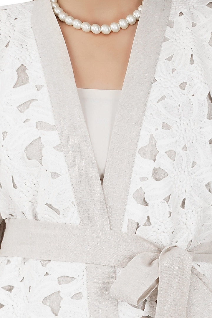 Beige & White Cotton Kimono Kaftan Set by Kovet at Pernia's Pop Up Shop