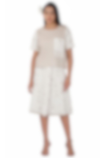 White & Beige Cotton Skirt Set by Kovet