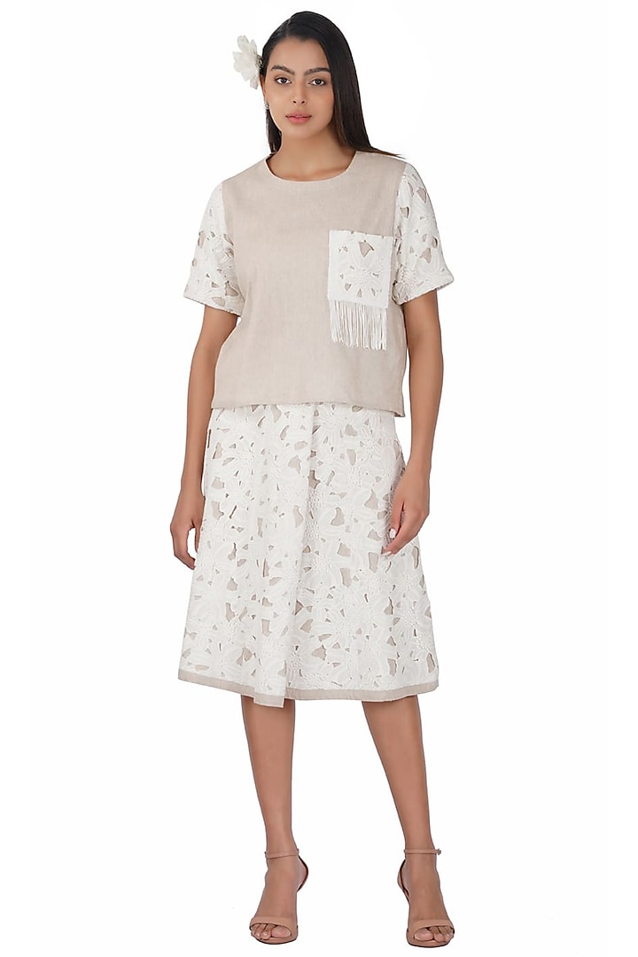 White & Beige Cotton Skirt Set by Kovet
