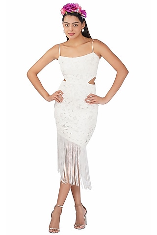 White Cotton Lace Asymmetric Dress by Kovet
