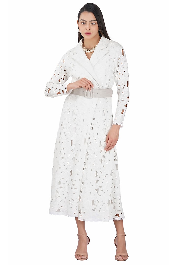White Cotton Lace Trench Dress by Kovet