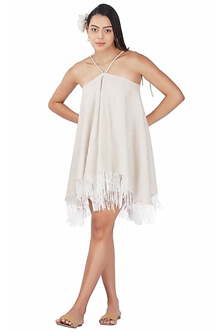 Beige Cotton Khadi Poncho Dress by Kovet