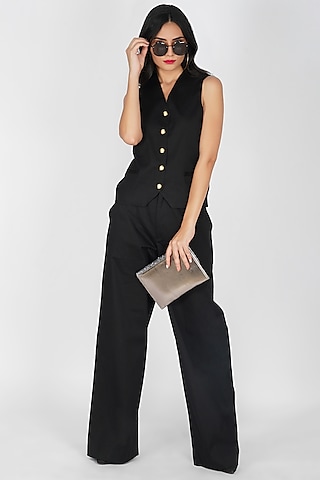 Black Cotton Lycra Waistcoat by Kovet
