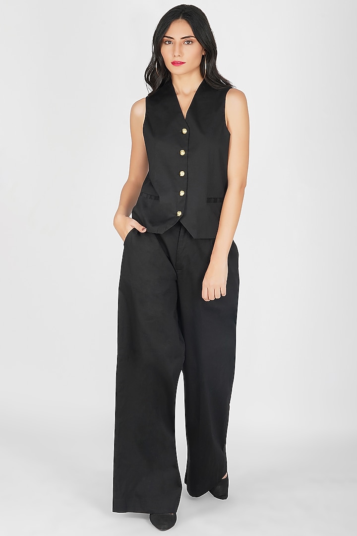 Black Cotton Lycra High-Rise Trousers by Kovet at Pernia's Pop Up Shop