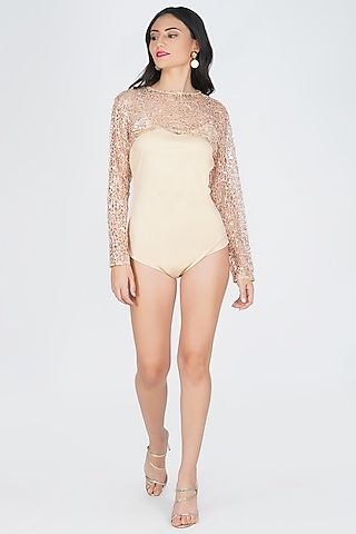 Beige Crochet Cropped Top by Kovet