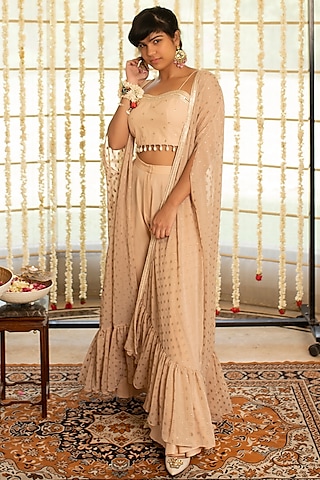 Peach Bud Embroidered Cape Set by Kovet