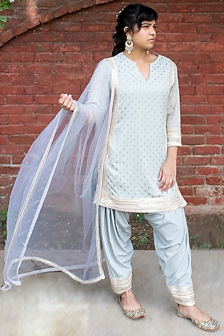 Dusky Blue Embroidered Kurta Set by Kovet