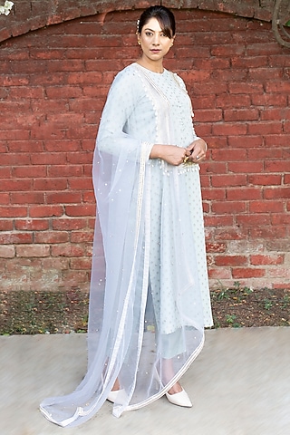 Dusky Blue Kurta Set With Embroidery by Kovet