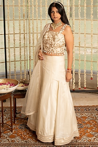 Cannoli Cream Embroidered Lehenga Set by Kovet