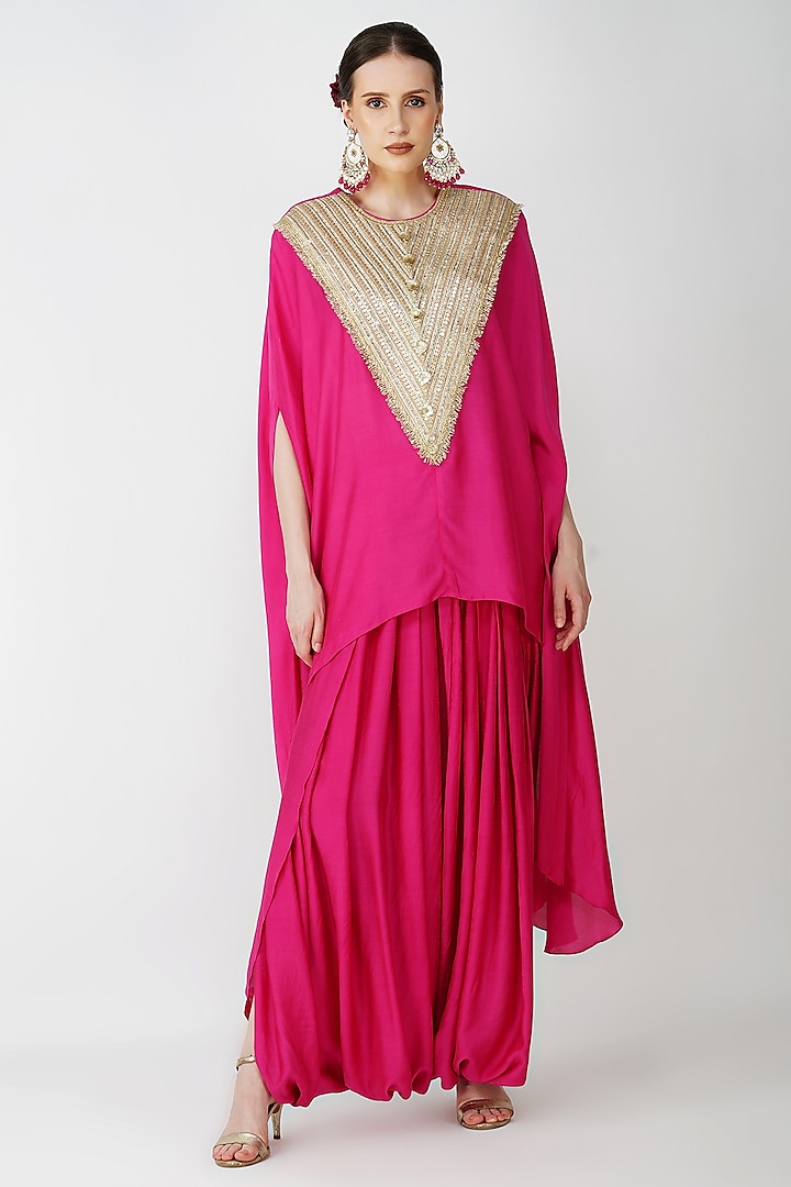 Fuchsia Pink Banarasi Silk Embroidered Kaftan Set by Kovet at Pernia's Pop Up Shop