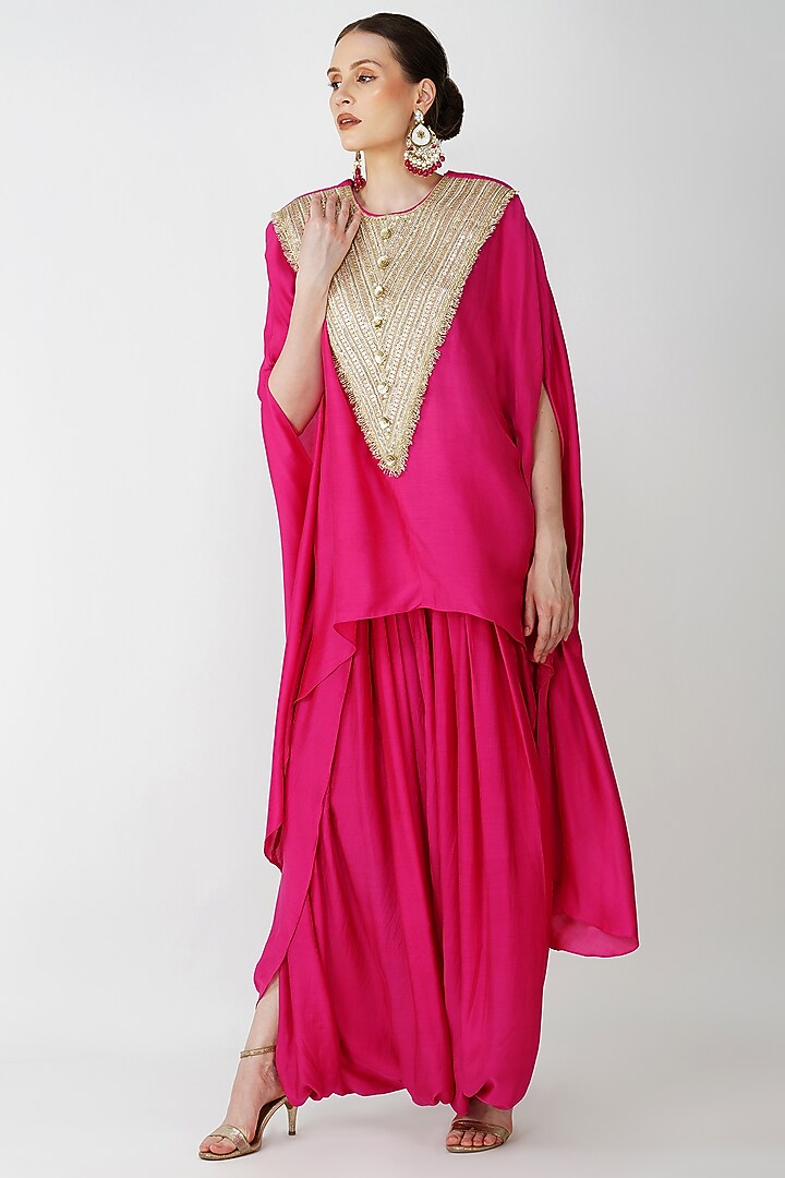 Fuchsia Pink Banarasi Silk Embroidered Kaftan Set by Kovet at Pernia's Pop Up Shop